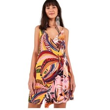 Farm Rio Mixed Tropical Fruit Print Mini Wrap Dress Yellow Pink Small