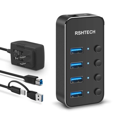 4 Port Powered USB 3.0/USB C Hub Upgraded Version with 2-in-1 3.3ft USB Cable...