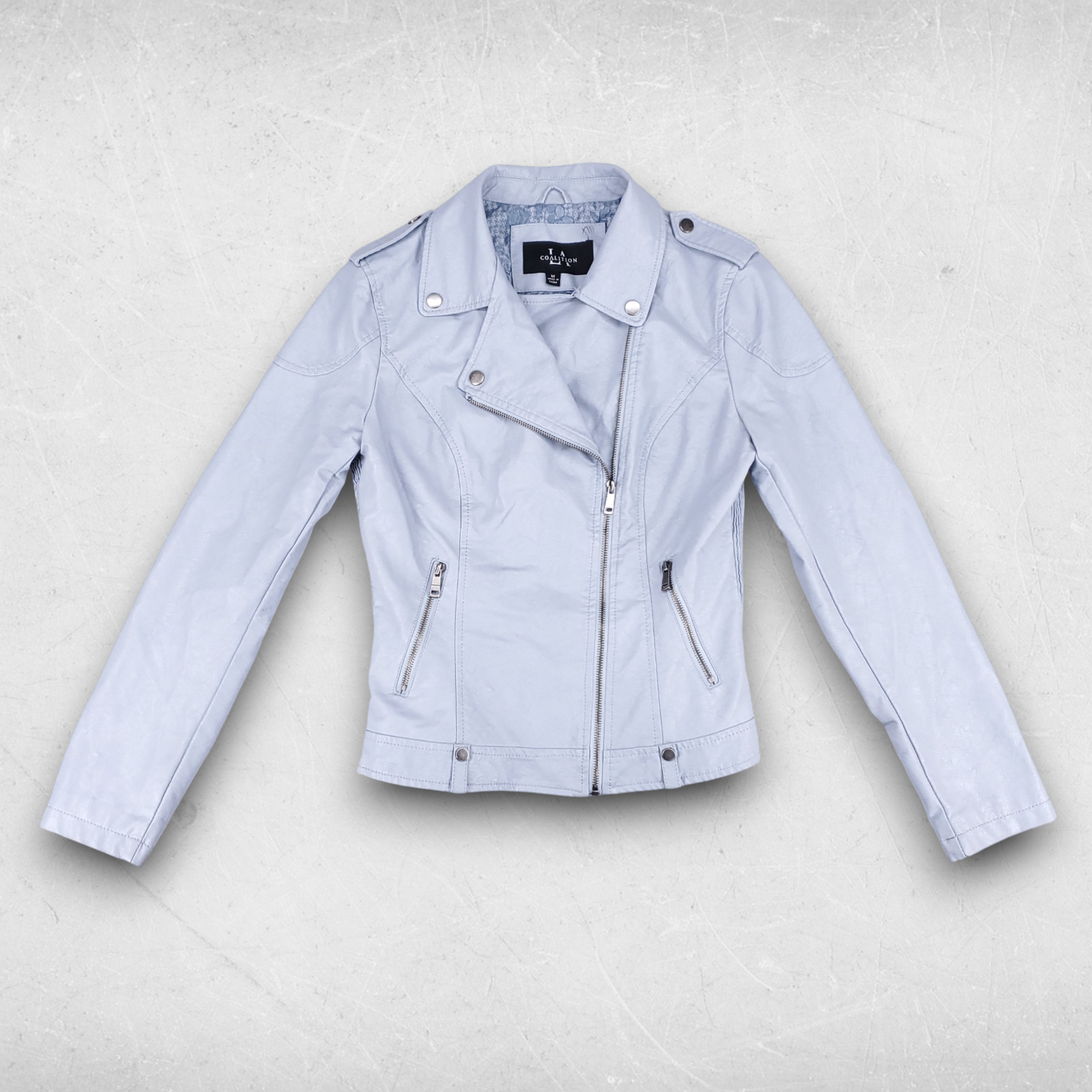 Coalition LA Crop Moto Jacket Women M Light Blue Asymmetrical Zip Vegan Leather