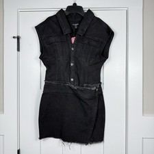 NWT PrettyLittleThing Petite Black Sleeveless Denim Wrap Over Mini Dress Sz 4