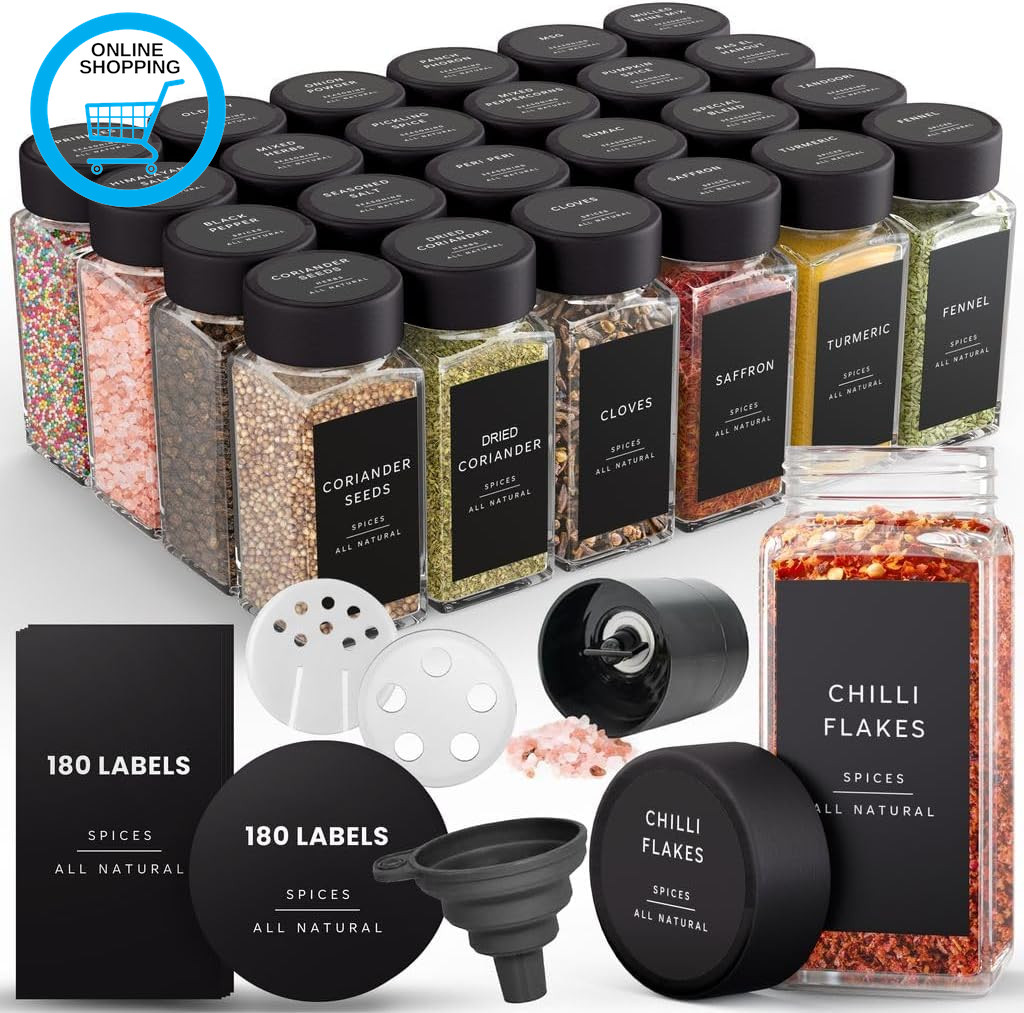 Bamboo Spice Jars with Lids (120Ml 24 Pack) & Labels Glass Storage Jars with Bam