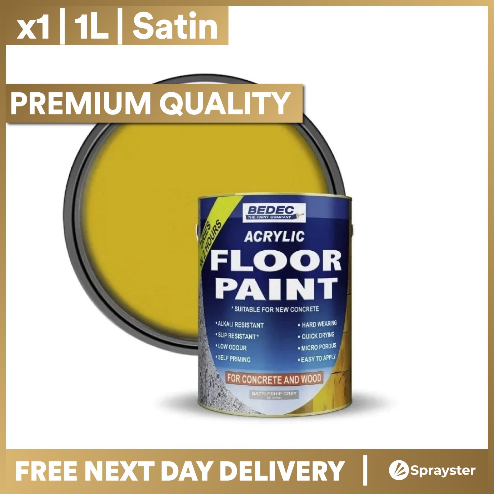 Bedec Premium Acrylic Anti-Slip Floor Paint Easy Clean Yellow 1L