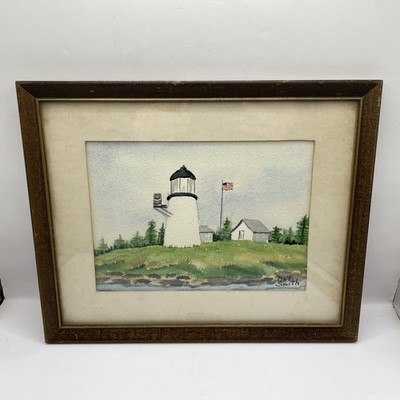 Original Watercolor Painting Signed Dot Smith Lighthouse Ocean American Flag