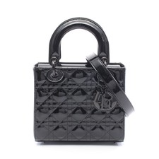 Christian Dior Dior Small Cannage Handbag Enamel Leather Black 2-Way #RC794