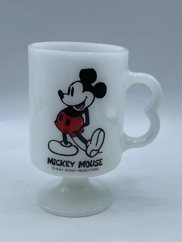 Vintage Disney Mickey Mouse Milk Glass Footed Pedestal Coffee Cup Mug 5”