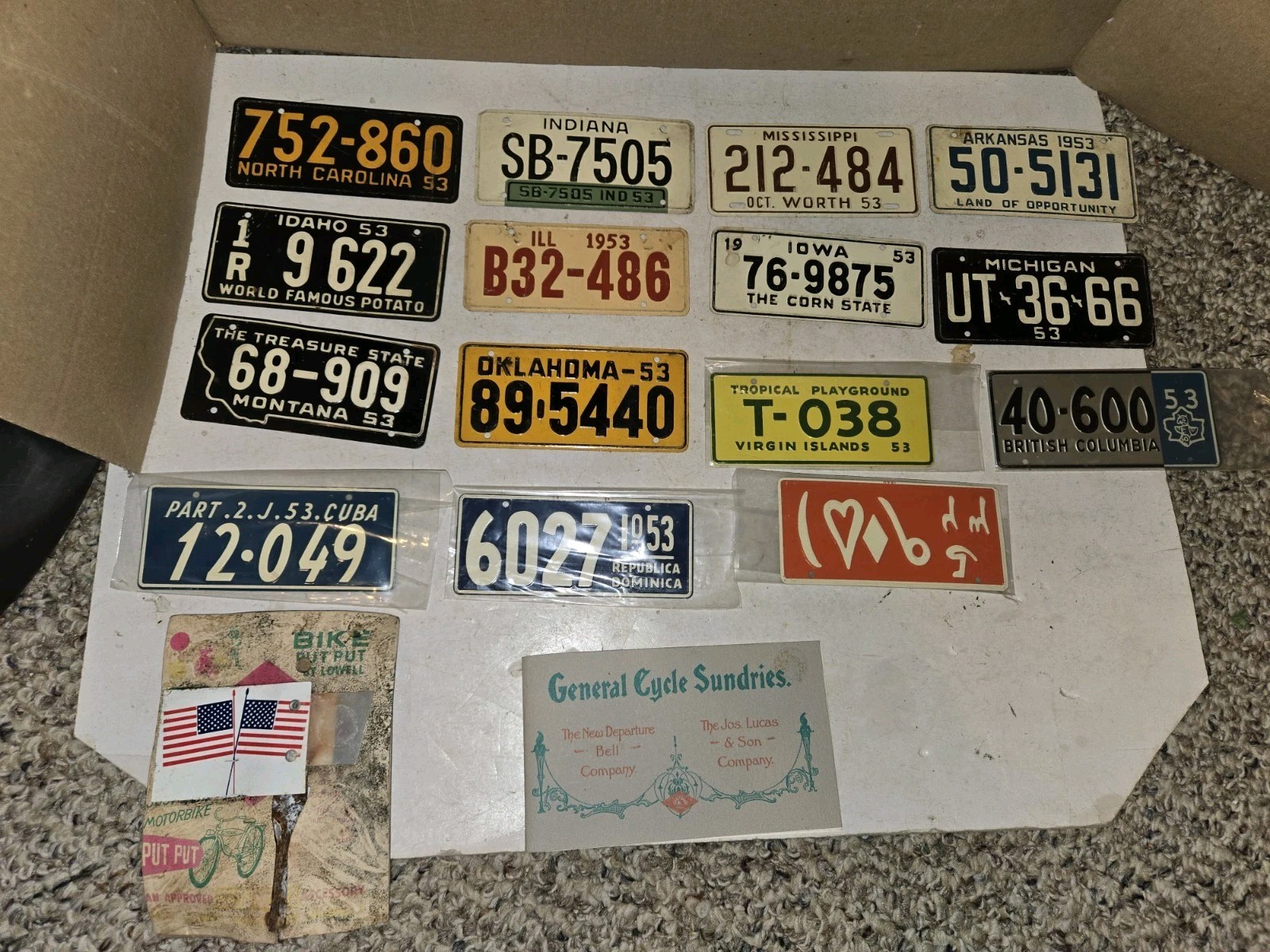 15 Vintage 50s Bike License Plates,Put-Put,Lucas Lamp,New Departure Bell Catalog