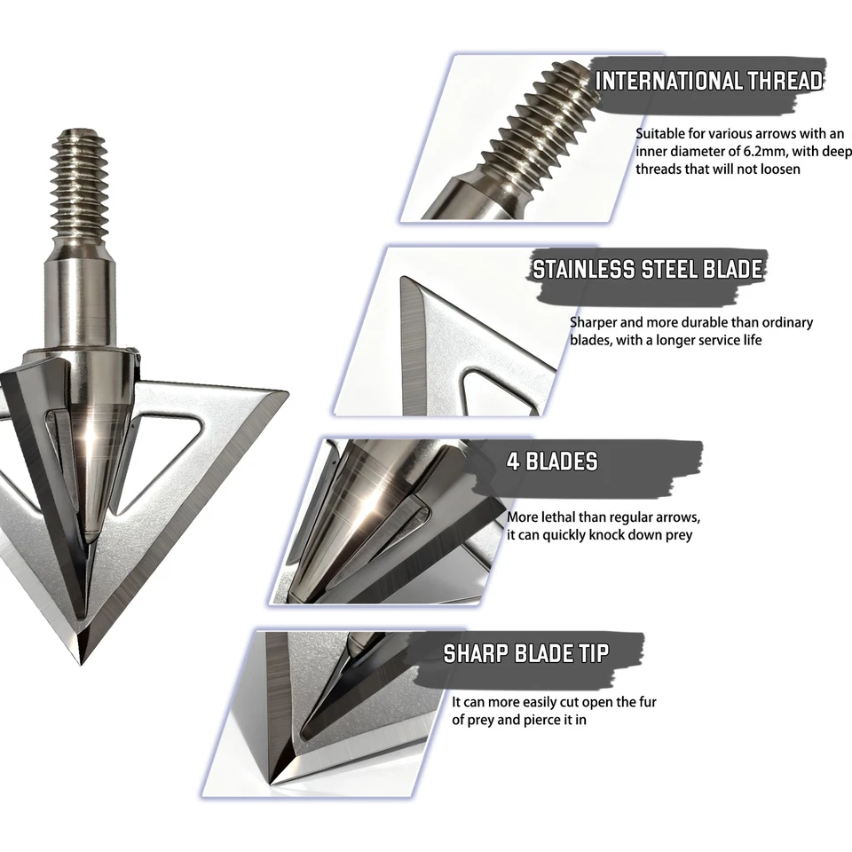 12Pcs Archery Broadheads 100 Grain 4 Blade Crossbow Compound Bow Hunting Tips - Image 2 of 4