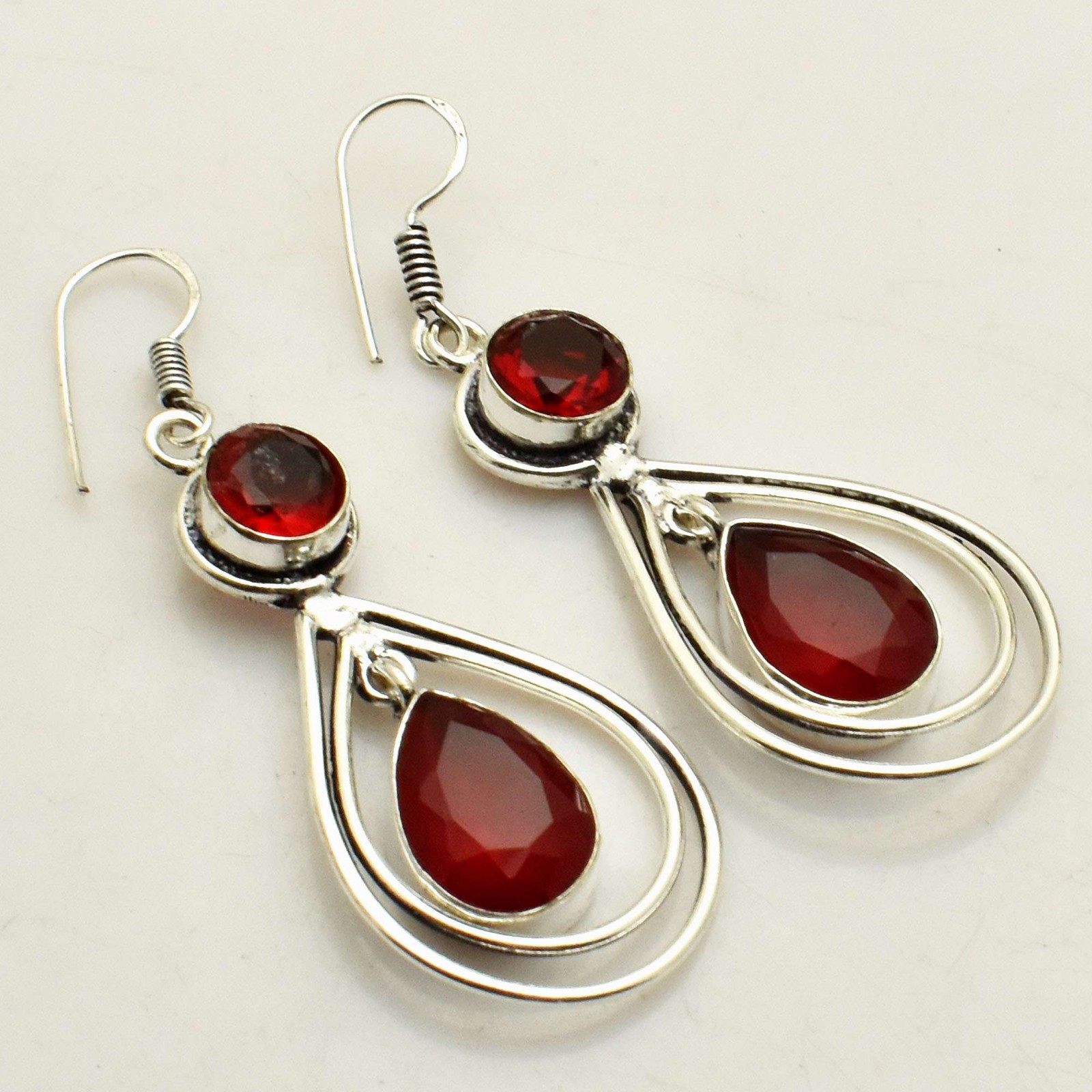 Simulated Ruby Garnet Drop Dangle Earrings 2.2 Inches AE-53968