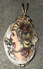 Beautiful Gold Filled Wrapped Porcelain Cameo Pendant Signed JHK Free Shipping
