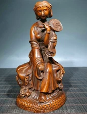 6" Old Chinese Boxwood Wood Carving Fengshui Beautiful lady Statue