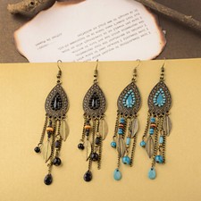 Boho Womens Water Drop Leaf Tassel Beads Hook Earrings Long Dangle Bride Jewelry