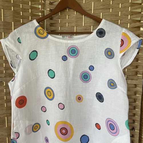 Made In Italy Linen Dress Size 12 Vibrant Circular Print Cap Sleeves Pockets - Picture 3 of 9