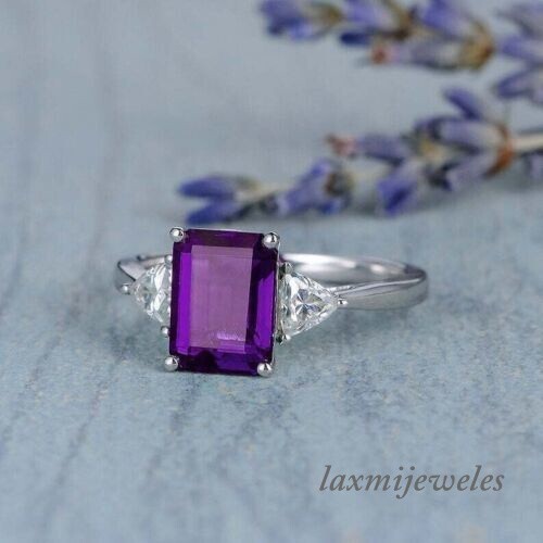 2.51CT Emerald Cut Genuine Amethyst Engagement Wedding Ring 14K White Gold Over - Picture 1 of 7