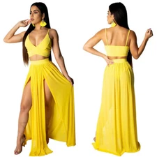 Skirt Set Fashion Beach Summer Sling V-neck Tops Long Chiffon Skirt Size Medium