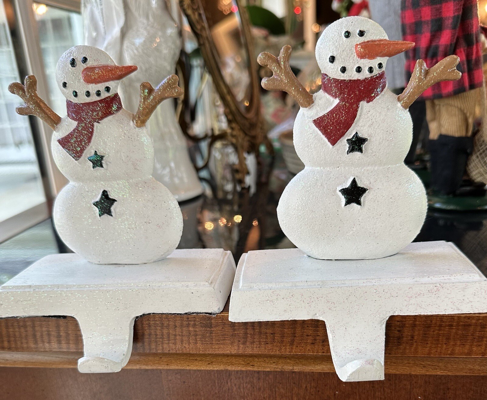 Cast Iron Snowman Stocking Holder Hanger Heavy Base Christmas Set Of