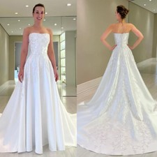 Silk Satin Wedding Dresses Strapless Embroidery Sweep Train A Line Bridal Gowns