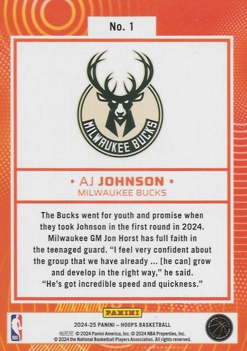 2024-25 Panini NBA Hoops - We Got Next AJ Johnson #1 (RC) - Milwaukee Bucks - Picture 2 of 3