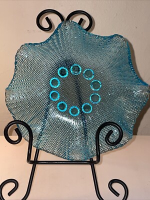 Blue Glass Bowl Aqua Sky Turquoise Bright Ruffled Petals Textured Trinket Dish