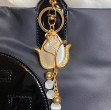 Tulip Flower keychain bag charm car Key Fob On Purse Glass gold Color New