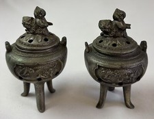 vintage lot of two 4-inch tall Japanese metal FOO DOG INCENSE BURNERS