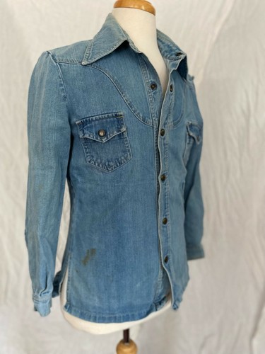 Vintage 70s Western Denim Jean Long Sleeve Shirt Score One William Barry - Picture 2 of 8