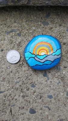Small Hand Painted Rock Stone Art Sunset Sunrise Mountains Ocean Nautical Beach 