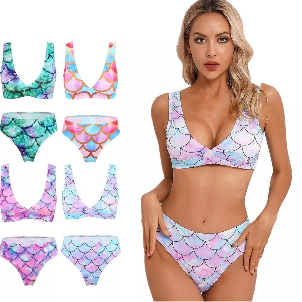 Women s Two Piece Swimsuit Fish Scale Printed Padded Bra Top