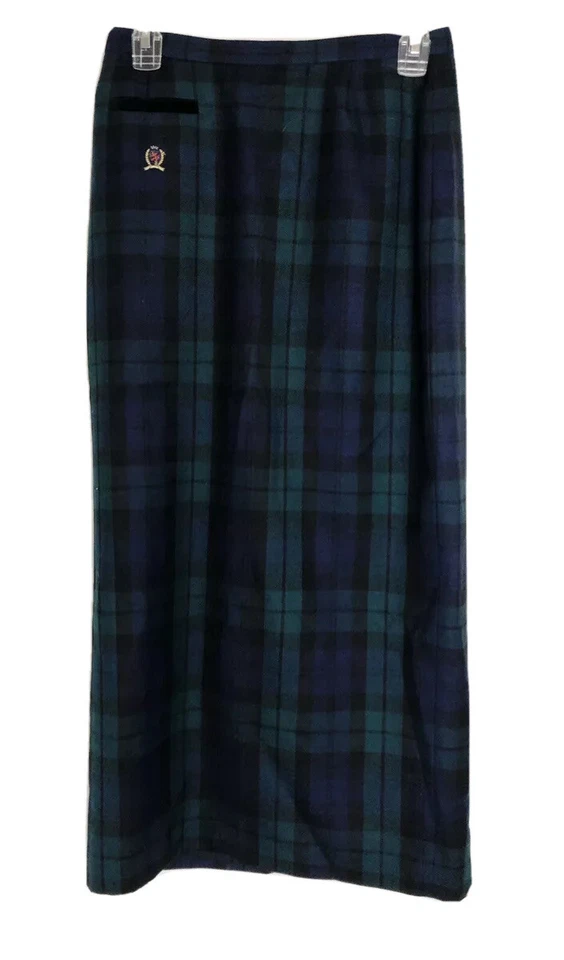 Falda midi Tommy Hilfiger para mujer vintage verde a cuadros 100 % lana talla 8 A3