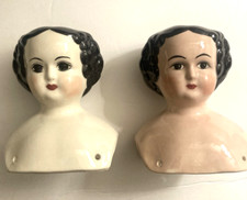 2 Porcelain Ceramic China Doll Heads Black Hair Dark Eyed Glazed 4x 4.75. Repro.