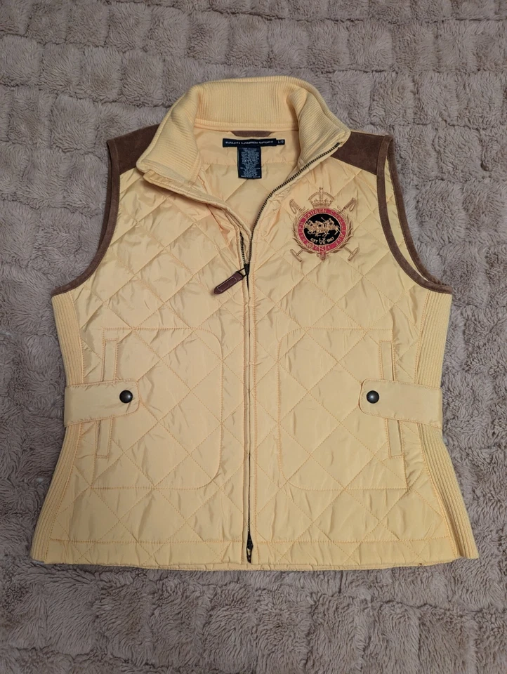 Polo Ralph Lauren Challenge Cup Crest Amarillo Cremallera Puffer Chaleco Gamuza Borde Grande Foto 2 de 4