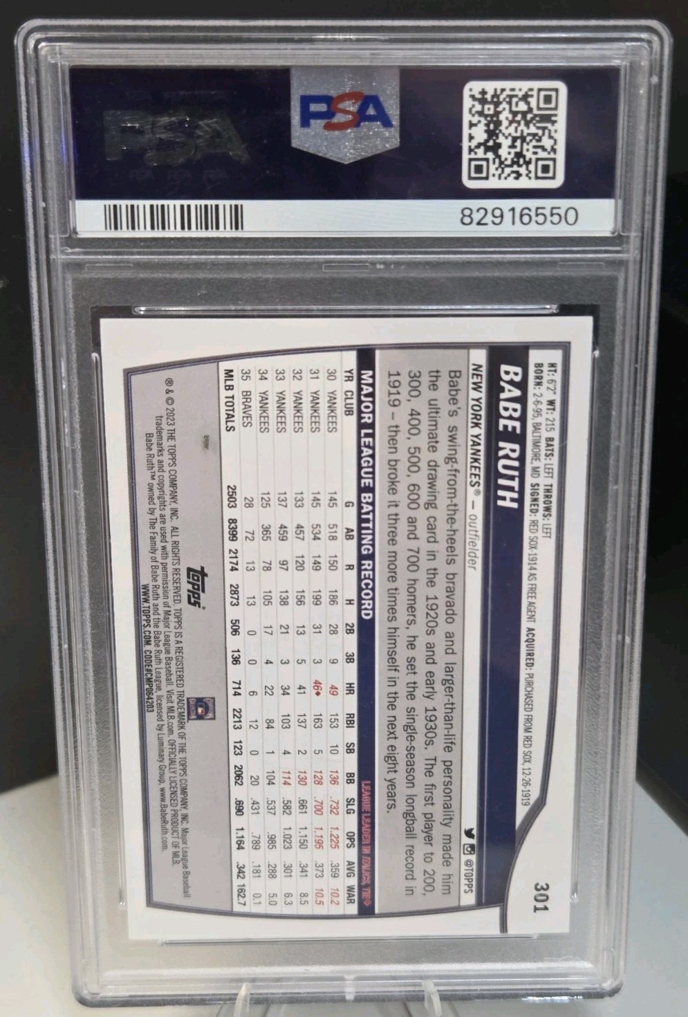 2023 Topps Big League #301 Babe Ruth PSA Gem MT 10 New York Yankees MLB view 2