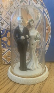 Vintage Bisque Wedding Cake Topper Figurine "Our Wedding Day" Japan Glass Dome