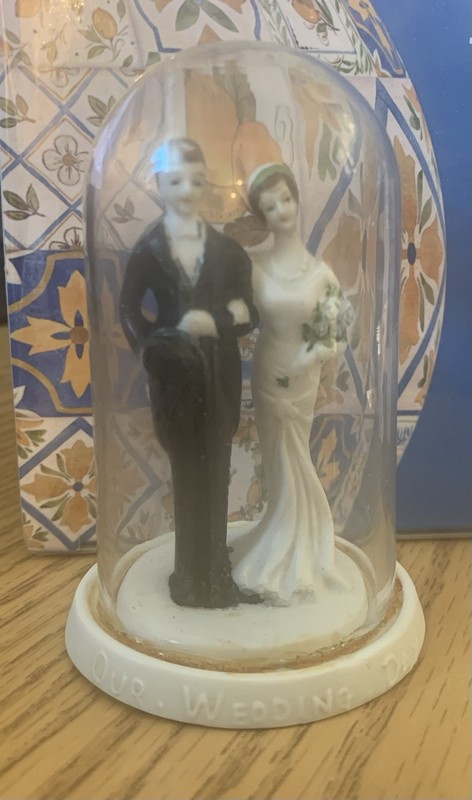 Vintage Bisque Wedding Cake Topper Figurine "Our Wedding Day" Japan Glass Dome