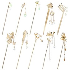 10 Pack Retro Gold Metal Hair Sticks Pearl Jade Dangles Chinese Hanfu Bun Pins
