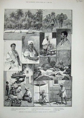 Alter antiker Druck 1889 Brasilien Alagoas Indianer Mädchen Mulatte Obst-Verkäufer 19.