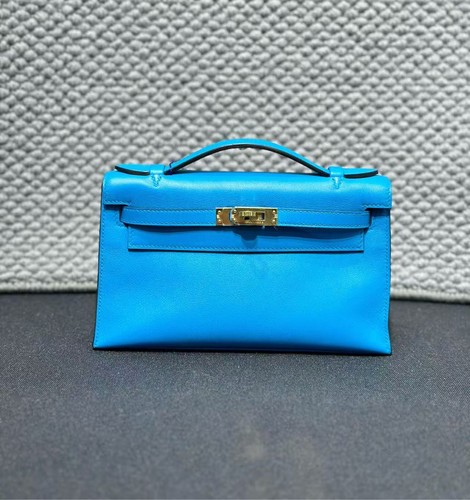 AUTH Hermès Kelly Pochette Bleu Zanzibar Leather GHW Mini Top Handle Clutch Bag