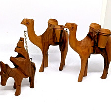 Vintage 4x3 Inch Hand Carved Set Of 2 Olive Wood Camels & Donkey