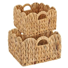 2 Pack Scalloped Wicker Storage Basket with Handles Handwoven Water Hyacinth