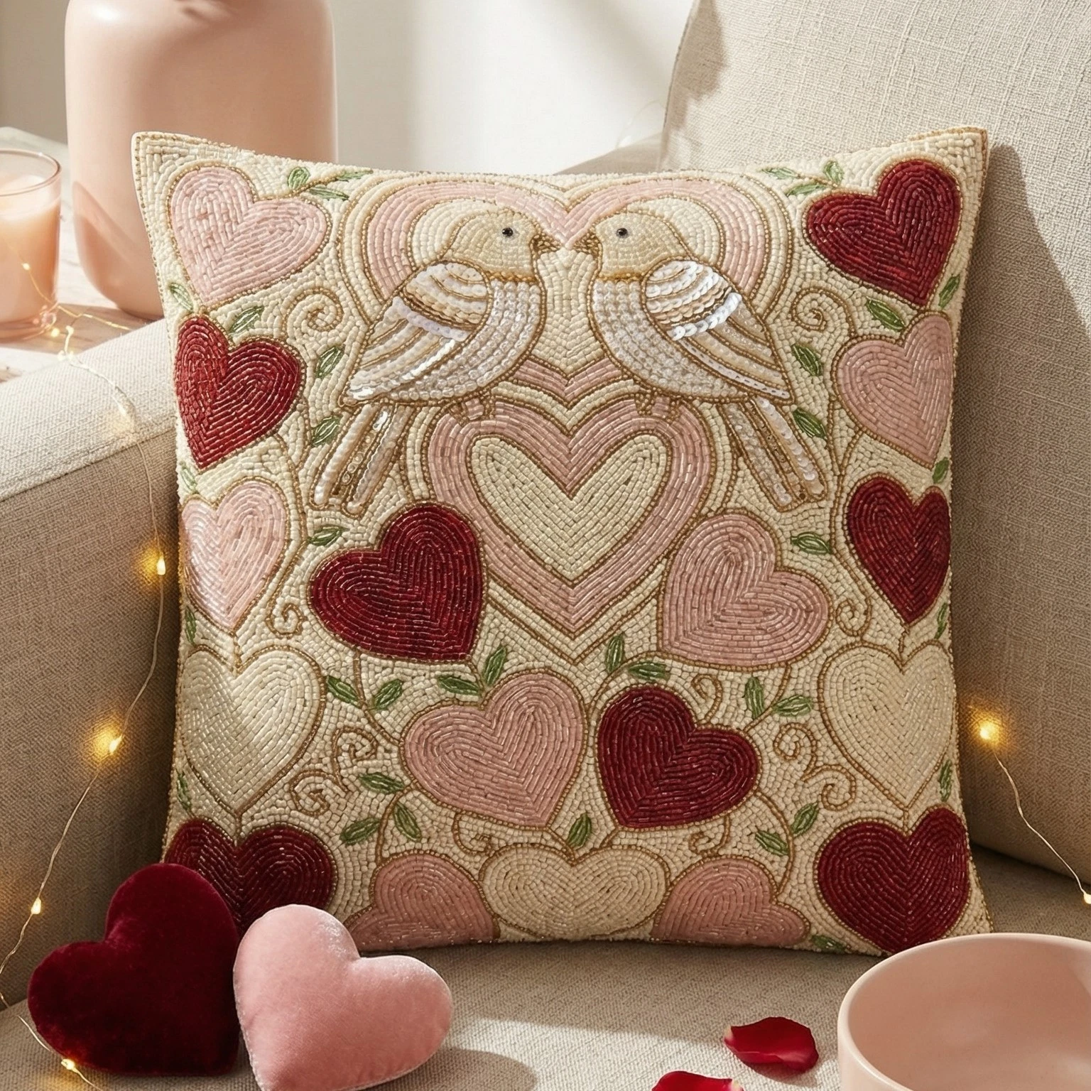 Valentine's Day Beaded Lovebirds Heart Throw Pillow Cover - Decorative Cushion
Opens in a new window
