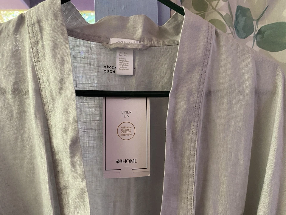 NUEVO CON ETIQUETAS H&M Unisex S/M Mediano Lavado a Piedra Lino Puro Bata Gris Larga Bata Foto 2 de 3