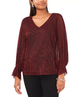 Vince Camuto Women's Top Sz L Metallic V-Neck Sheer-Sleeve