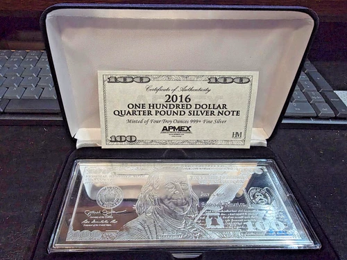 APMEX 2016 One Hundred Dollar Silver Note Bar 4 oz 999 Fine (w/Box & COA)