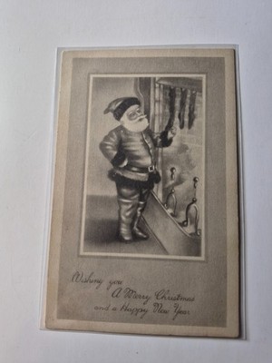 Old Christmas Antique Postcard Santa Standing Fireplace Stocking Postmarked 1949