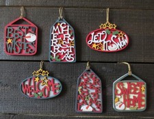 Set of 6 Rustic Wooden Christmas Ornaments Cutout Wood Painted Country Farmhouse