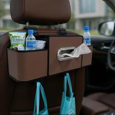 Car Multifunctional Seat Back Waterproof Storage Bag 2 Cup Holders Brown Color
