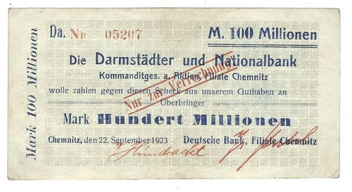 Notgeld - Chemnitz - 100 Millionen Mark - 1923 - Darmstädter und Nationalbank