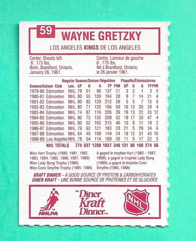 (1) WAYNE GRETZKY  1989-90 KRAFT DINNER # 59 ALL STAR FOOD  CARD  (H4933) - Image 2 of 2