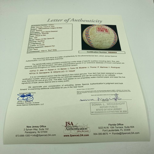 Derek Jeter Ken Griffey Jr. Cal Ripken Jr 1999 All Star Game Signed Baseball JSA - Picture 3 of 11