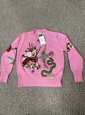 NWT Maison De Cafune Sequined & Rhinestone Bird & Flowers Pink Sweater Size M
