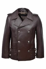 Men's German Brown Naval Military Real Leather Jacket Coat